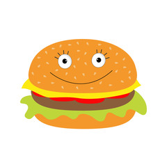 Funny cartoon hamburger icon with happy face.