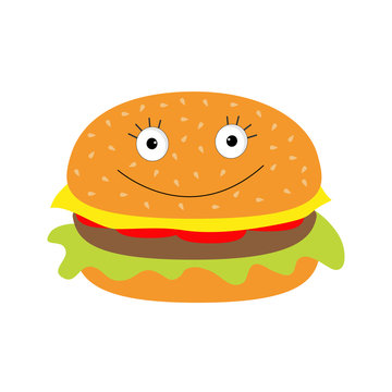 Funny cartoon hamburger icon with happy face.