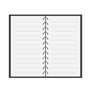 Open notebook  with spiral and blank lined paper. Flat design. I