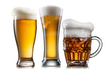 Beer in different glasses isolated on white background