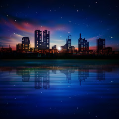 Plakat abstract night background with silhouette of city