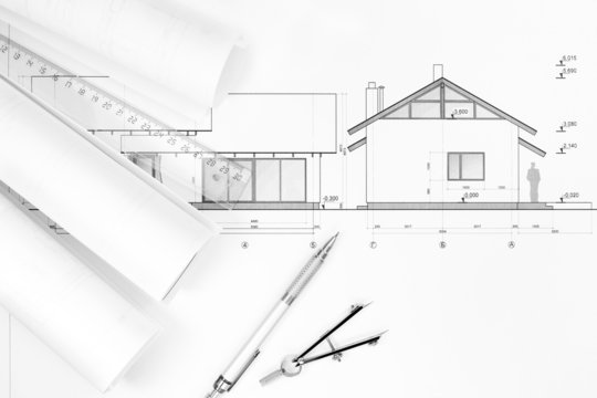 Architecture plans and drawing instruments