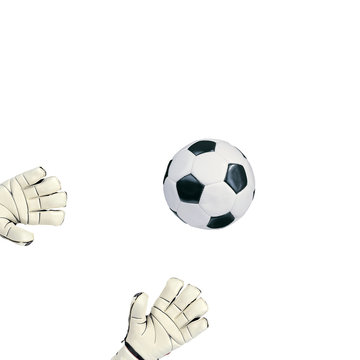 Goalkeeper catches the ball on white background