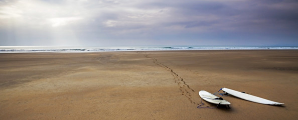 Surfboards on the sand, beach and surfing landscape with beautif