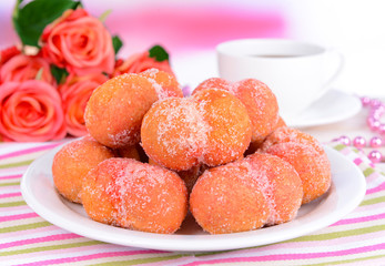 Delicious cookies peaches on table close-up