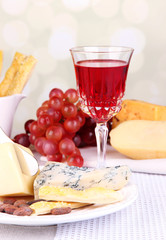 Assorted cheese plate , grape and wine glass