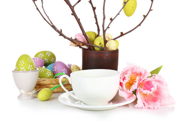 Easter composition with eggs on branches isolated on white