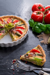 green asparagi Tart with eggs and tomato