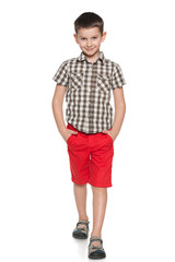 Fashion smiling little boy walks