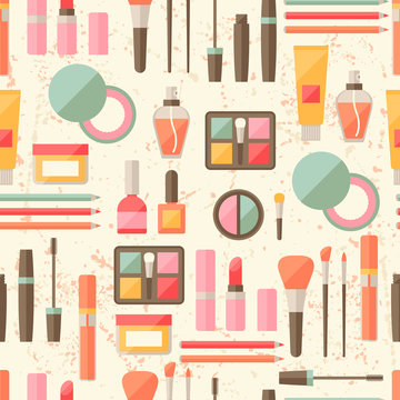 Seamless grunge background with cosmetics flat icons.