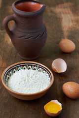 Baking ingredients: eggs, milk, flour