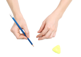 Human hands with pencil and erase rubber, isolated on white