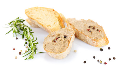 Fresh pate with bread isolated on white