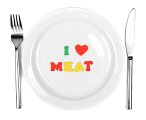 Plate with inscription i love meet isolated on white