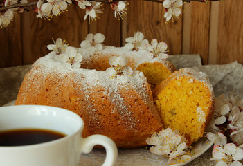 Flowering branch of apricot, cake and coffee cup.