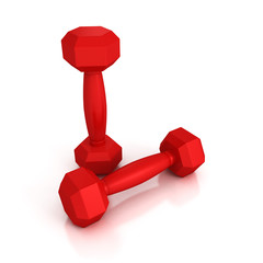 Two red light weight dumbbells on white background