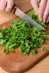 Chopped green lettuce on wooden board close-up