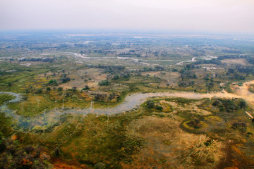 Okavango delta from the air at sunset