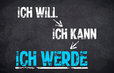 Kreidetafel mit Stempel und Ich Will, Ich kann, Ich werde