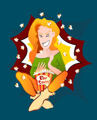 happy cartoon girl with pop-corn enjoying comedy movies