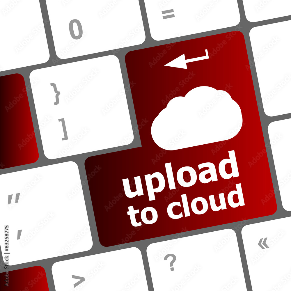 Poster upload to cloud, computer keyboard for cloud computing