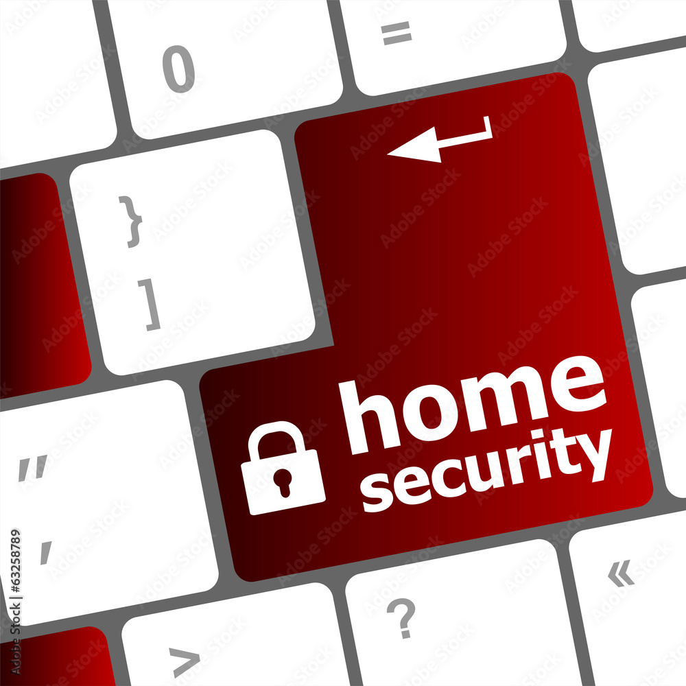 Poster computer keyboard with home security icon on enter button