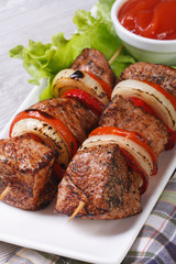 Appetizing shish kebab with vegetables and sauce