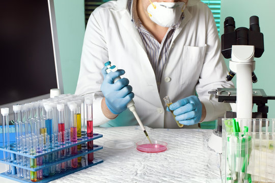 doctor inoculating sample for study in petri dish