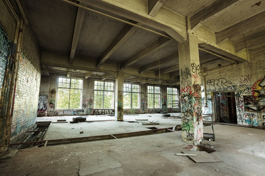 Empty abandoned factory room