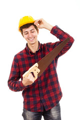 man with a saw on a white background