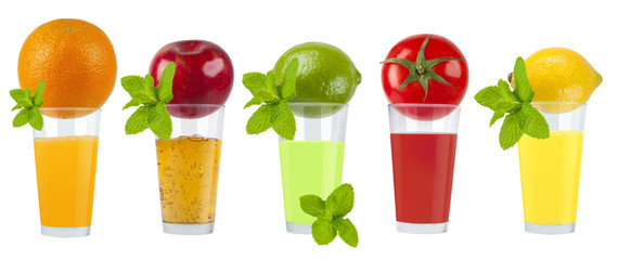 Collage of fresh fruity juice on white background 