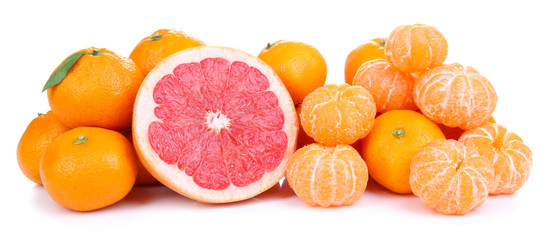 Ripe sweet tangerines and grapefruit, isolated on white
