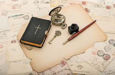 vintage accessories, old postcards and papers