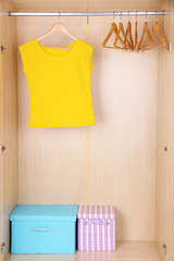 Female T-shirt with hangers in wardrobe