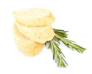 Fresh bread and rosemary isolated on white