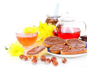 Bread with sweet chocolate hazelnut spread