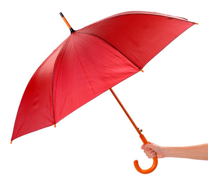 Red Umbrella In Hand Isolated On White