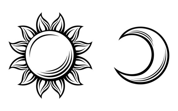 Black silhouettes of the sun and the moon. Vector illustration.
