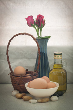 still life Egg in rattan basket in warming day