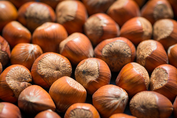 Hazelnuts as background. Selective focus.