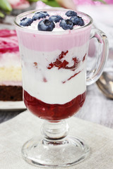 Yogurt dessert with summer fruits: strawberries, raspberries