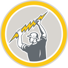 Electrician Holding Lightning Bolt Side Retro