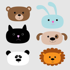 Animal head set. Cartoon bear, rabbit, cat, dog, panda, lion.