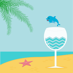Summer beach background with palm, star, cocktail and dolphin.