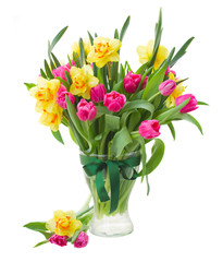 bouquet of tulips and daffodils in vase