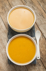 pumpkin cream soup on old wooden table