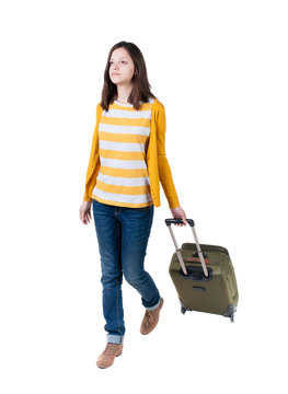 front view of walking  woman  with suitcase.