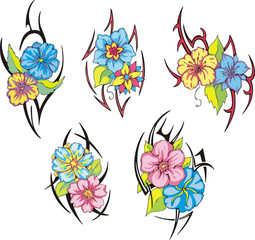 Set of tribal flower tattoos