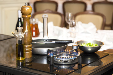 table gas stove frying pan kitchen tools