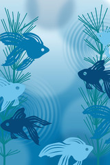 Fototapeta na wymiar 金魚と水草と水の波紋のイラスト